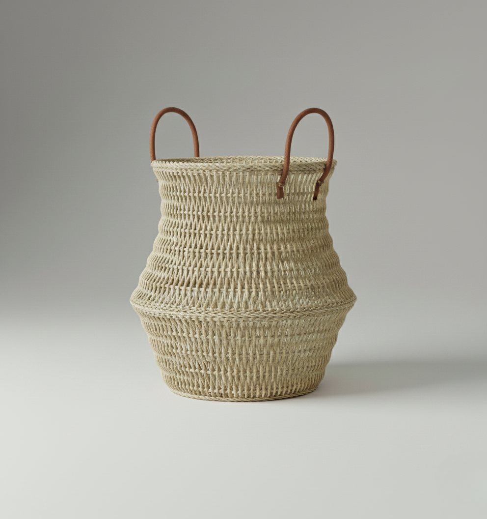 Woven Basket with Leather Handles